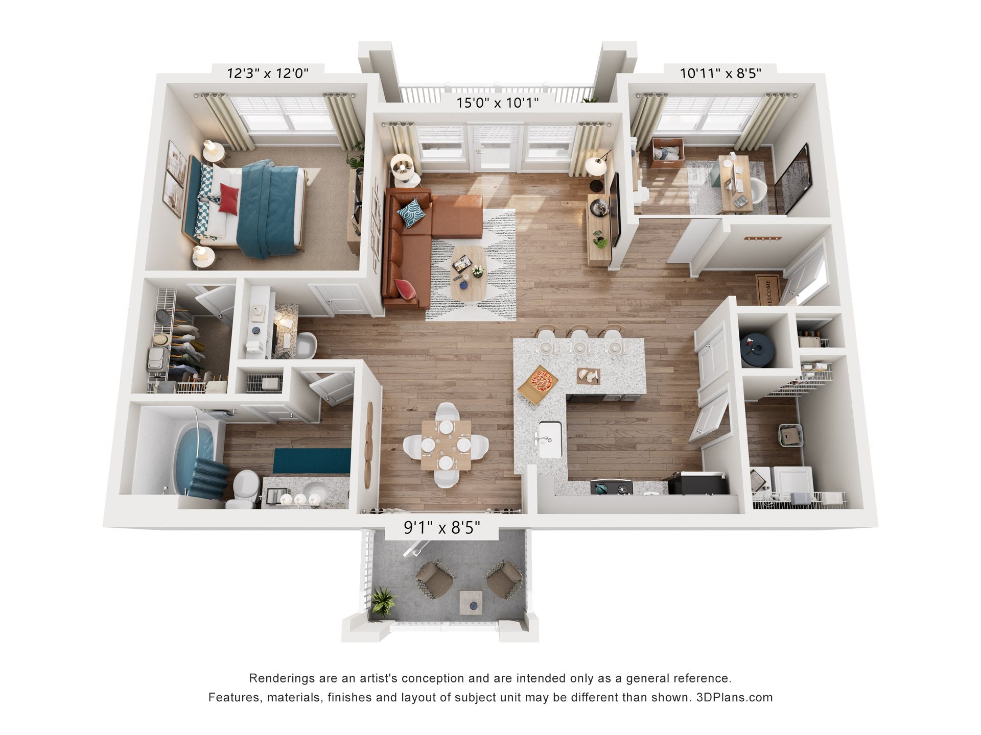 Floor plan for 1 bed, 1 bath, 1138 sqft